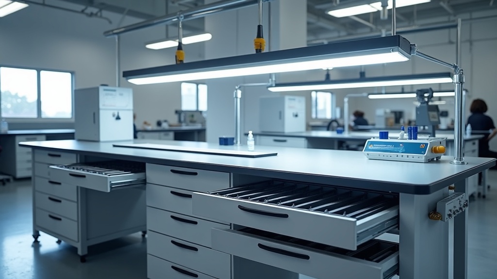 Treston Concept Ergo ESD workstation in Singapore electronics manufacturing facility, ESD safe laminate work surface, grounded steel frame, wrist strap system, overhead ionizer, drawer units with ESD safe bins