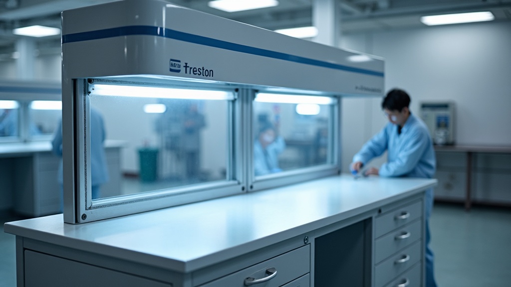 Treston ESD safe pharmaceutical workbench in Singapore HSA licensed facility, full EPA grounding system visible, static dissipative work surface, ionizer overhead
