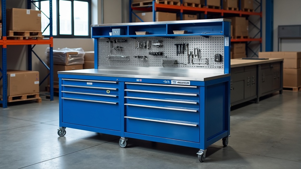 Treston heavy duty industrial workbench in Singapore logistics warehouse, bolt together blue steel frame, heavy steel plate work surface, drawer units underneath, overhead shelving with storage bins
