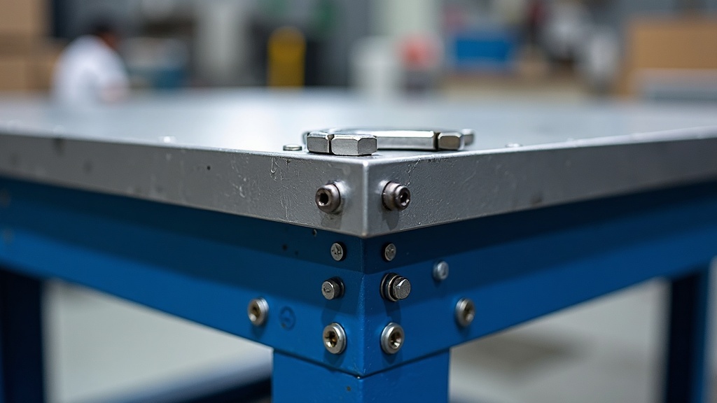 Treston heavy duty manufacturing workbench in Singapore Jurong industrial estate, bolt together blue steel frame, heavy steel plate work surface, full accessory ecosystem