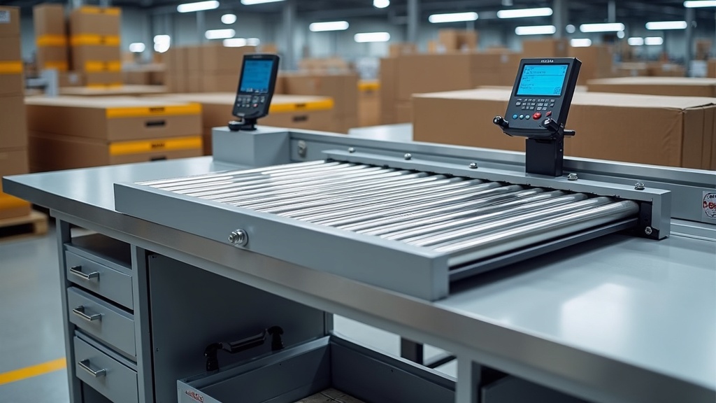Treston modular packing workstation system in Singapore e-commerce fulfilment centre, electric height adjustable bench with roller conveyor section, integrated scale and label printer, drawer units, power rail
