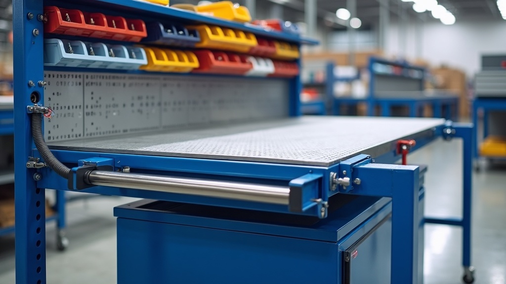 Treston industrial workbench in Singapore warehouse with blue and grey metal frame, 40mm perforated panel, roller conveyor section, colour coded storage bins on bin rails