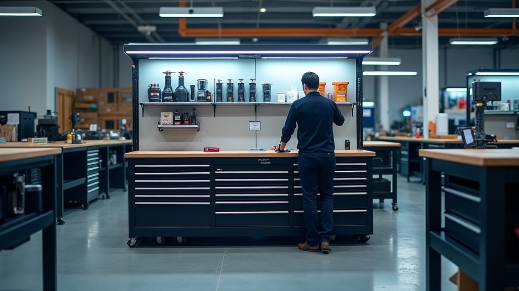 Treston QuatreX electric height adjustable workbench in Singapore industrial setting, drawer units below, bin rails above, LED task lighting, power rail, 150kg per column dual motor