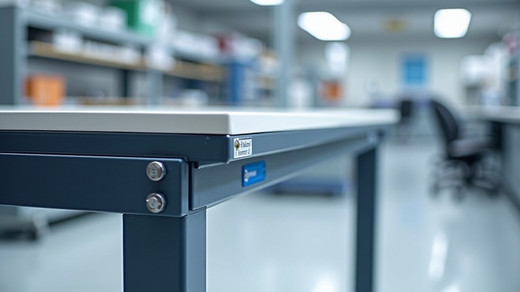 Treston QuatreX electric height adjustable workbench in Singapore laboratory environment, digital display with preset memory buttons, 40mm perforated panel profile visible