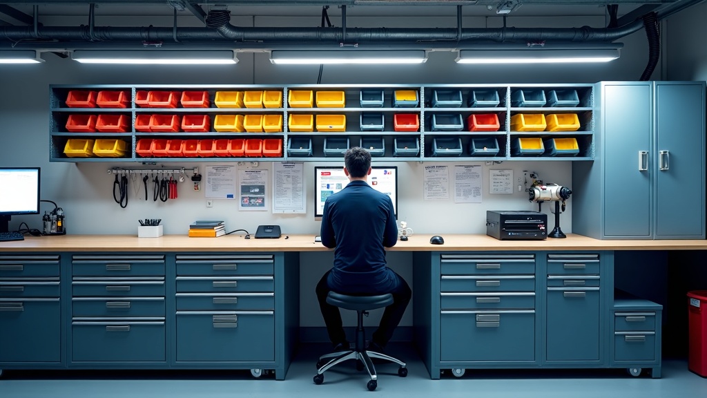 Treston industrial workstation with full storage ecosystem in Singapore, drawer units below, bin rail with colour coded bins above, overhead shelving, LED task lighting on swing arm, power rail with fused sockets, cable management tray visible