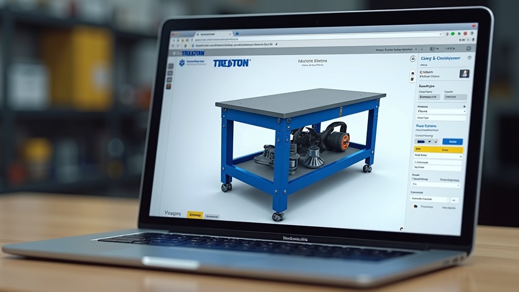 Treston industrial workbench 3D configurator on laptop in Singapore distributor office, browser based workstation design interface showing blue steel bench with accessories