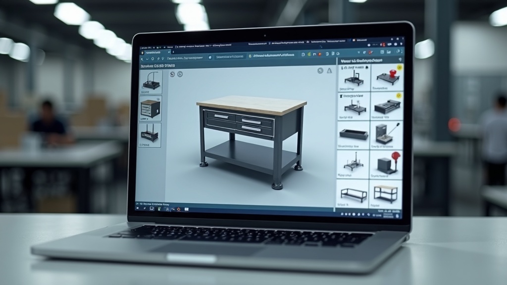 Treston workstation 3D configurator browser interface, workbench 3D model rotating, accessories panel showing drawer units bin rails lighting options, Singapore industrial setting
