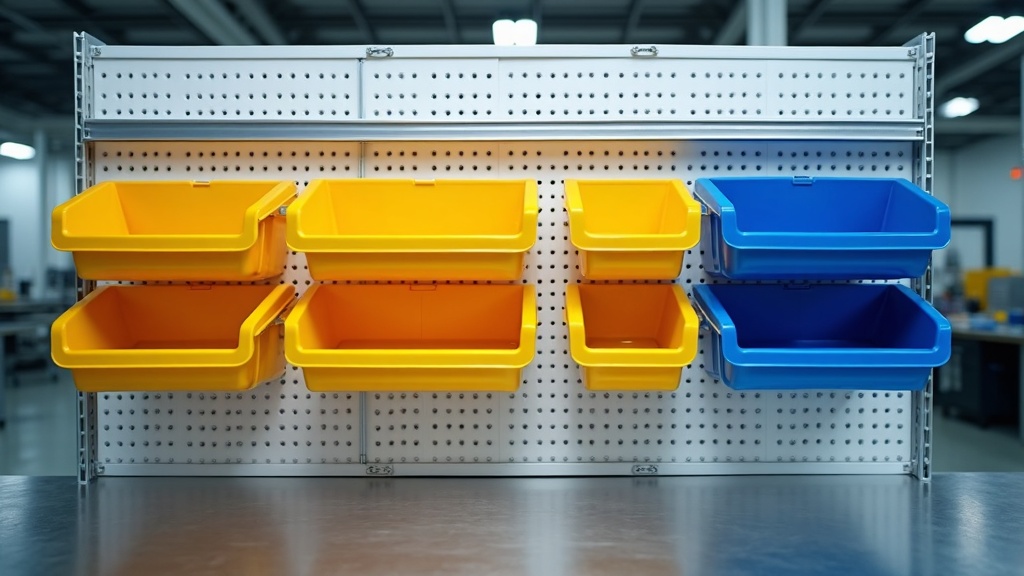 Yellow and blue industrial storage bins hanging on perforated steel panel wall rack above a workbench, bin rail storage system in Singapore workshop