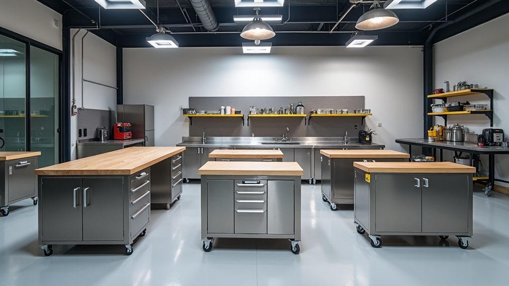 Diverse industrial workbench types in Singapore showroom: ESD stainless steel bench, heavy duty industrial steel bench, and height adjustable electric bench with different work surface materials