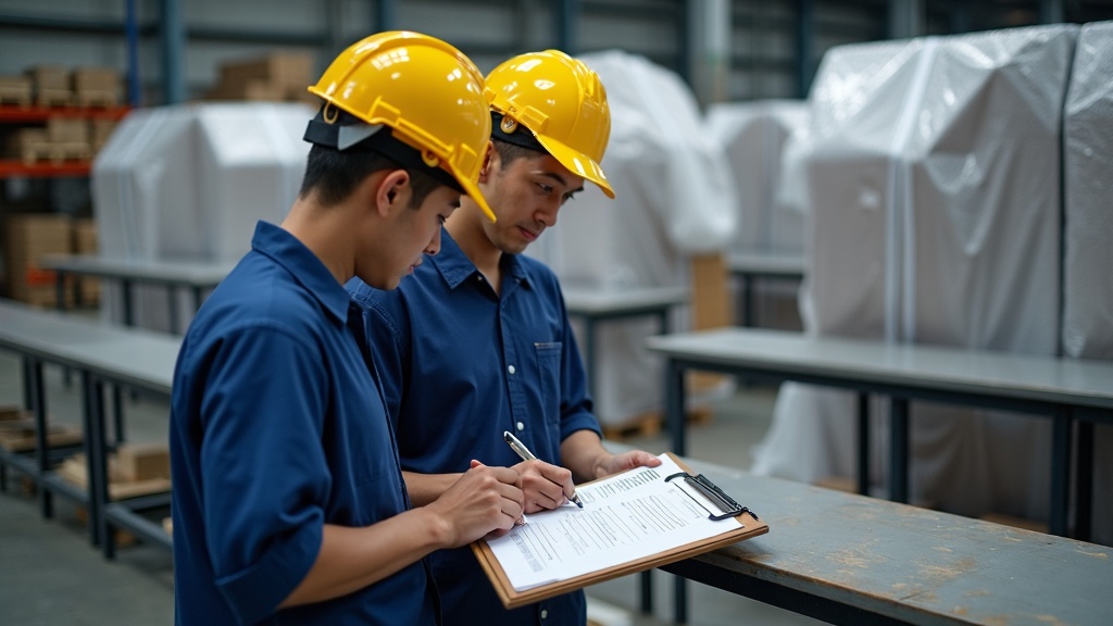 Singapore industrial workbench delivery and inspection, workers checking bench dimensions against delivery checklist on clipboard, new steel workbenches in warehouse receiving area
