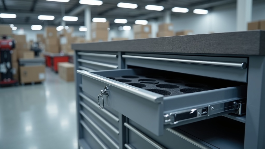 Industrial workbench with grey metal drawer units underneath, foam tool inserts visible, central locking mechanism - Singapore warehouse
