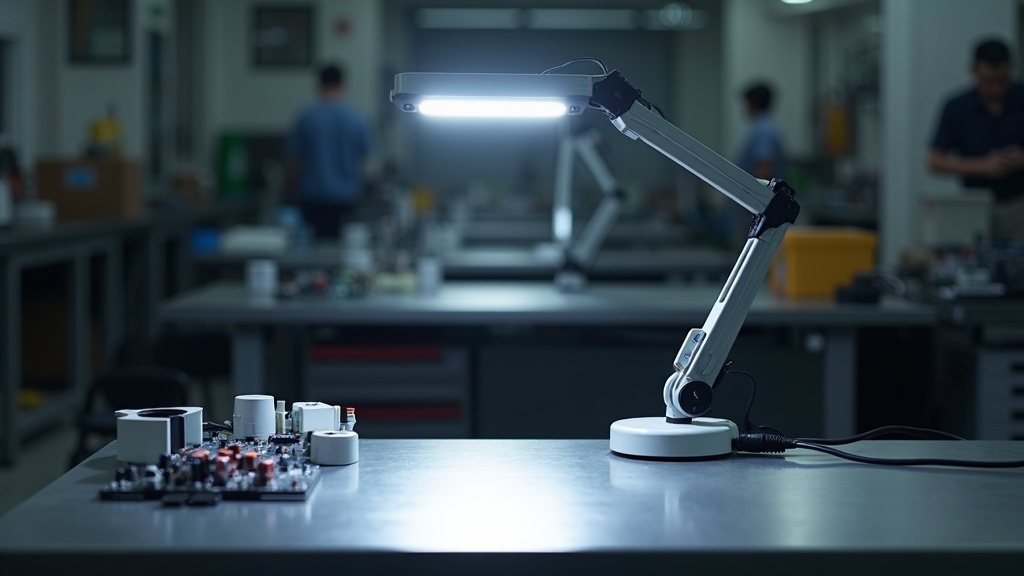 LED task light mounted on industrial steel workbench with adjustable arm, cool white illumination on work surface, clean cable management routing