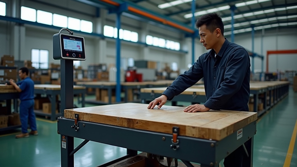 Industrial workbench load capacity testing, heavy industrial steel bench with 500kg distributed load, engineer verifying with digital scale in Singapore factory
