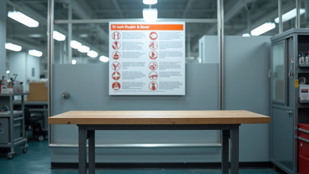 WSH Council ergonomics guidelines poster on wall in Singapore factory, MOM workplace safety checklist and compliance documentation visible