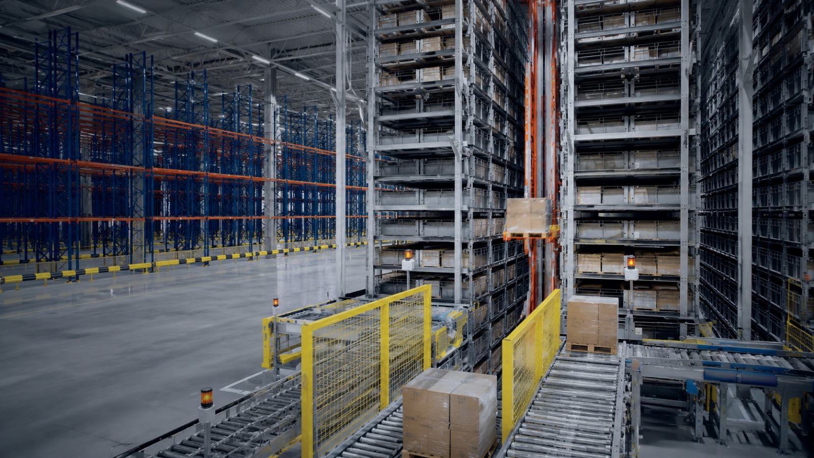Automated storage and retrieval system warehouse with racking and conveyor system