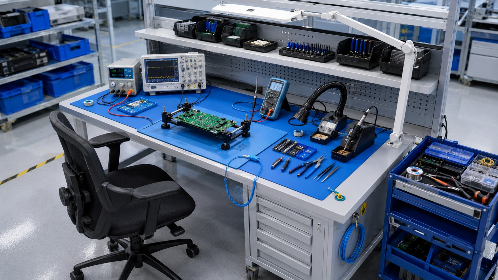 Organised ESD electronics workstation with oscilloscope, multimeter, soldering station, PCB holder, storage bins and tool trolley