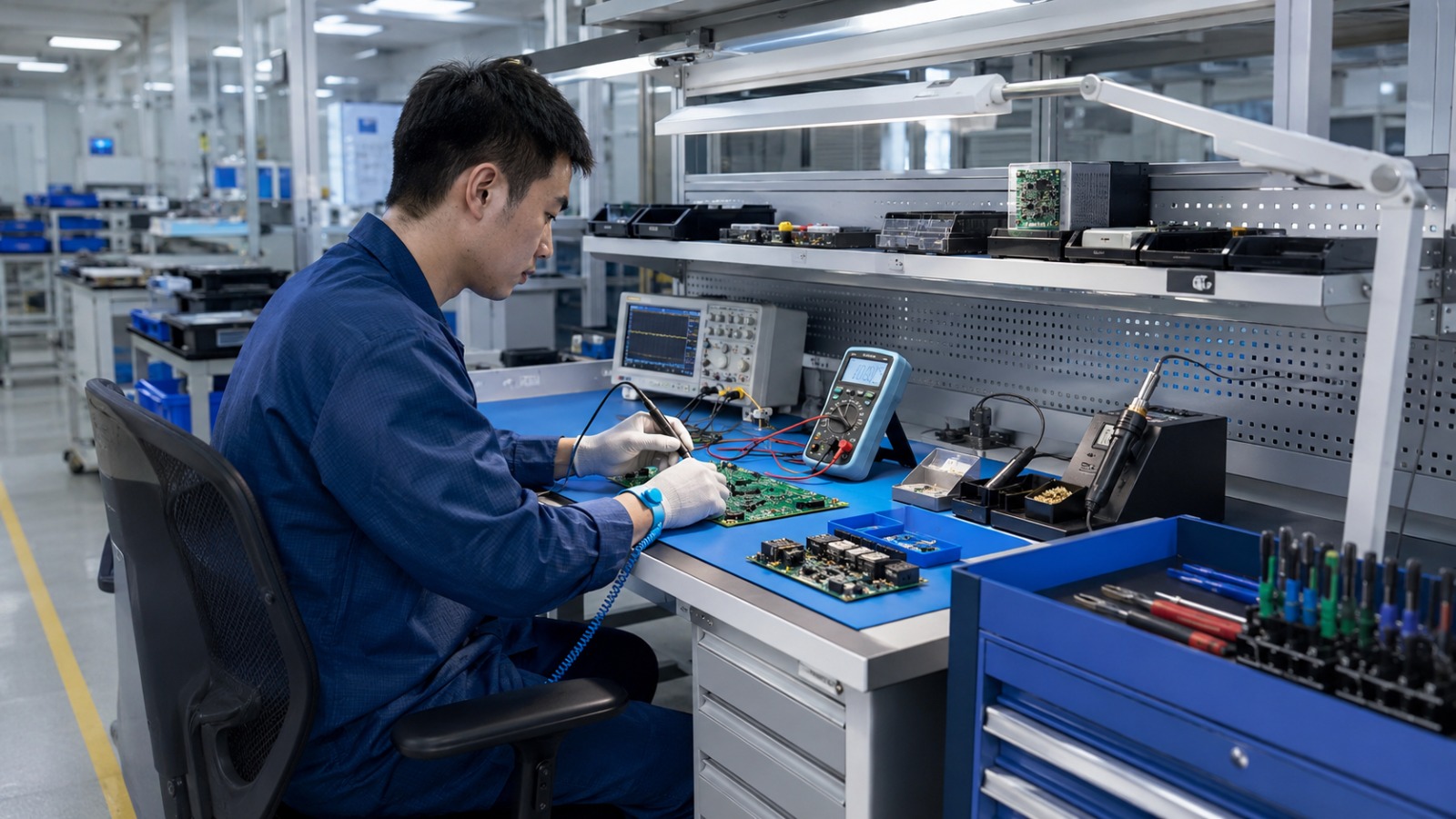 Technician working at an ESD electronics workstation with PCB, soldering tools, test instruments and anti-static wrist strap