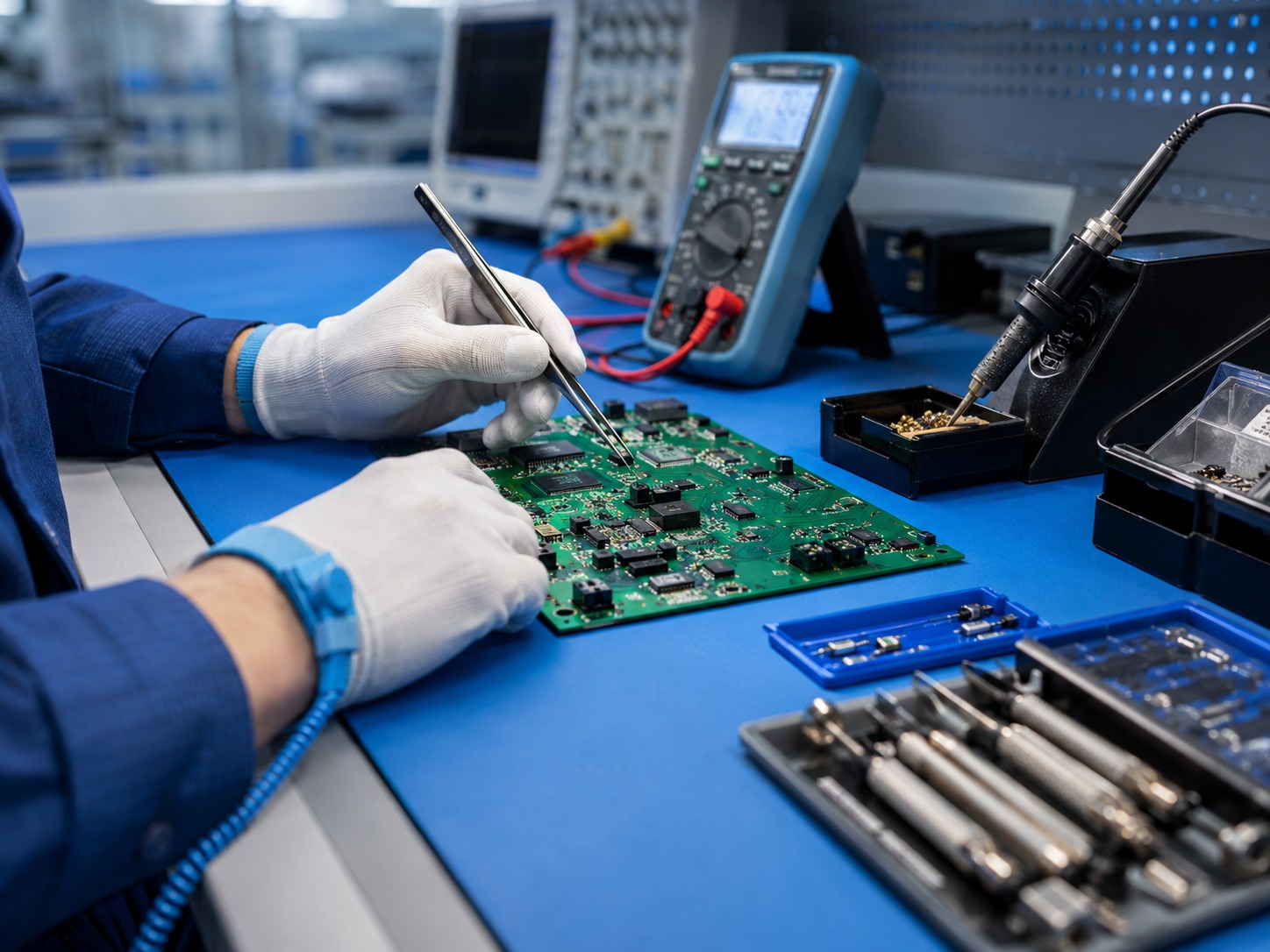 Close-up of technician handling a PCB at an ESD workstation with anti-static wrist strap and electronics testing tools