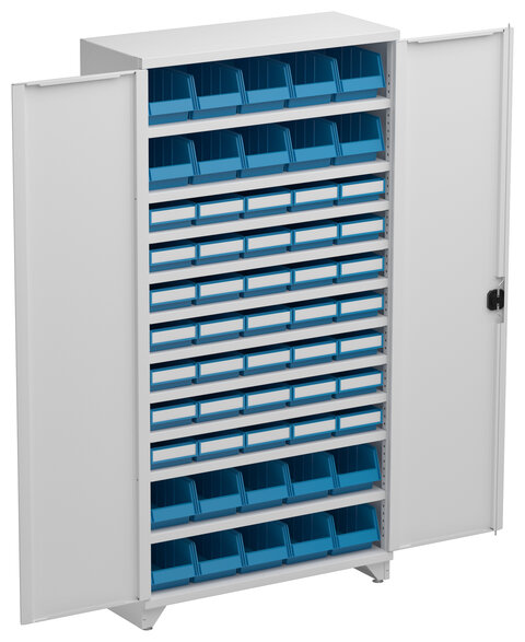 Shelving cabinet 100/40/200, grey doors, 10 shelves, 20 stac