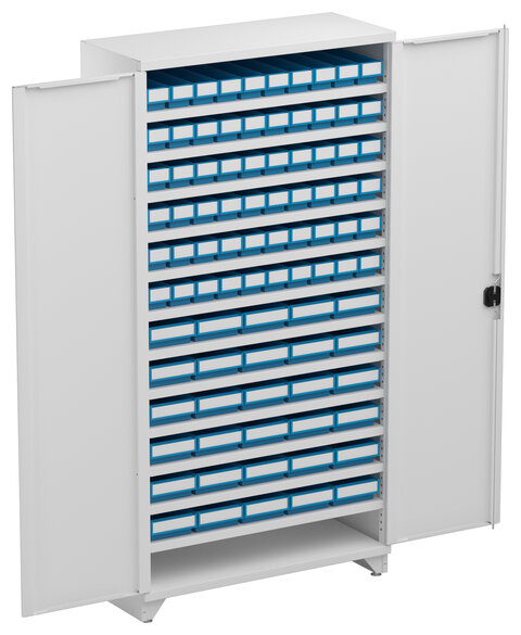 Shelving cabinet 100/40/200, grey doors, 12 shelves, 90 shel