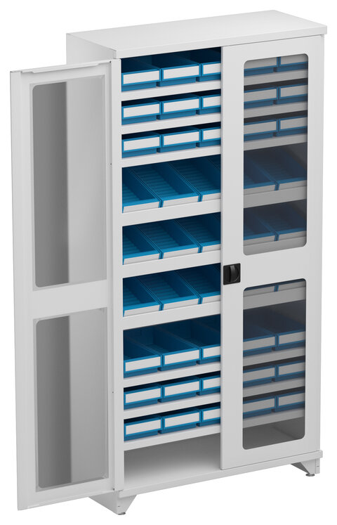 Shelving cabinet 100/40/200, grey plexiglass doors, 6 shelve