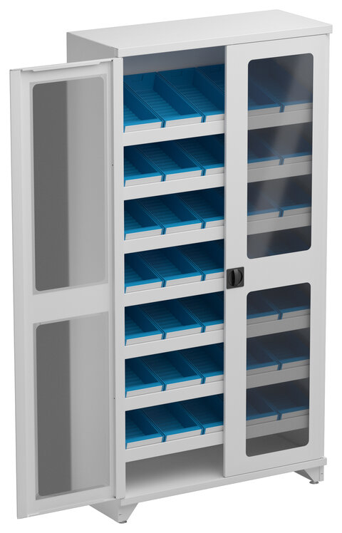 Shelving cabinet 100/40/200, grey plexiglass doors, 7 slante
