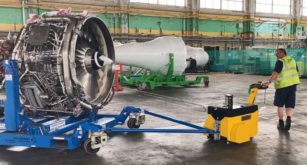 MasterMover electric tug moving aerospace engine and MRO equipment