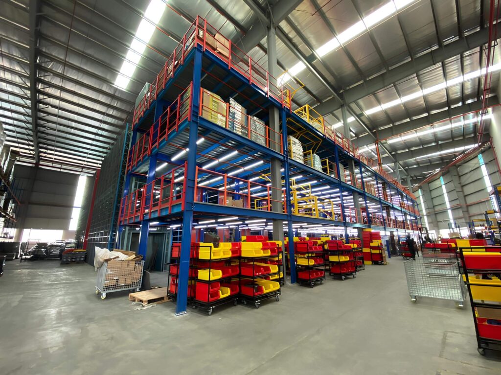 Structural steel platform mezzanine for warehouse storage space