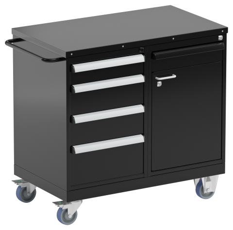 Tool trolley 1, steel top 5 drawers, cabinet, all black