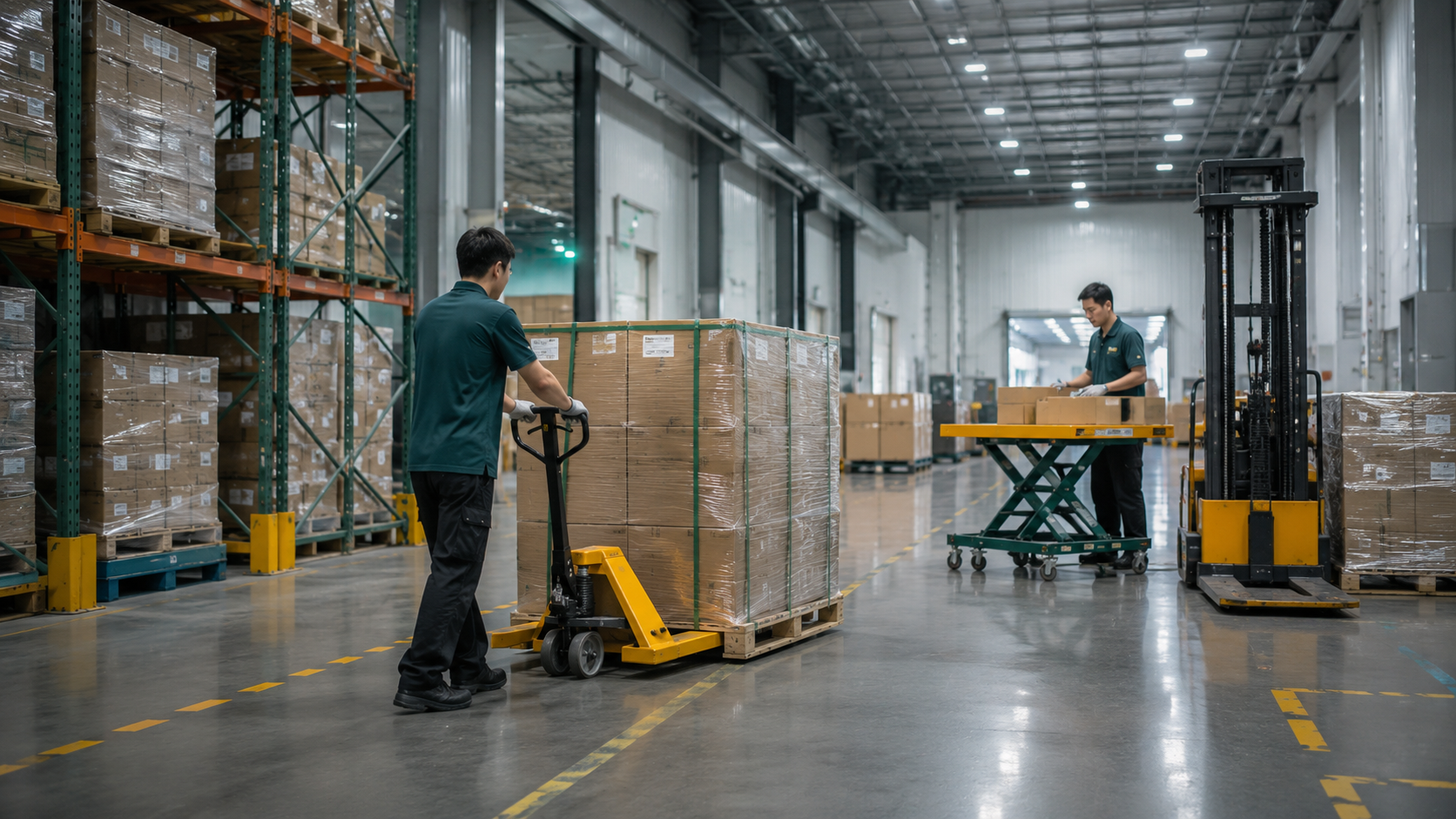 WAREHOUSE3 daily material handling with pallet jack and lift table workflow