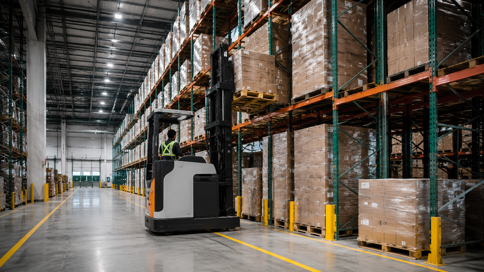 WAREHOUSE2 powered warehouse operations with reach truck and racking aisle
