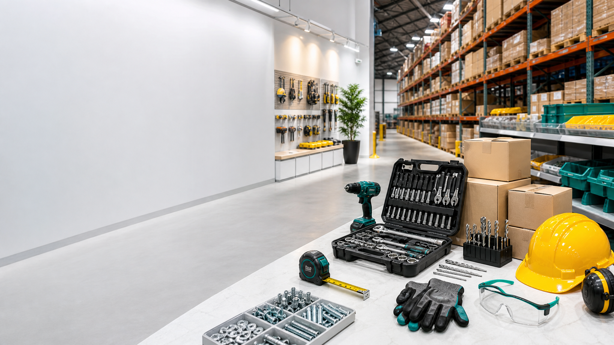 Premium builders hardware trade supply showroom with tools, PPE, stock bins, and warehouse cartons