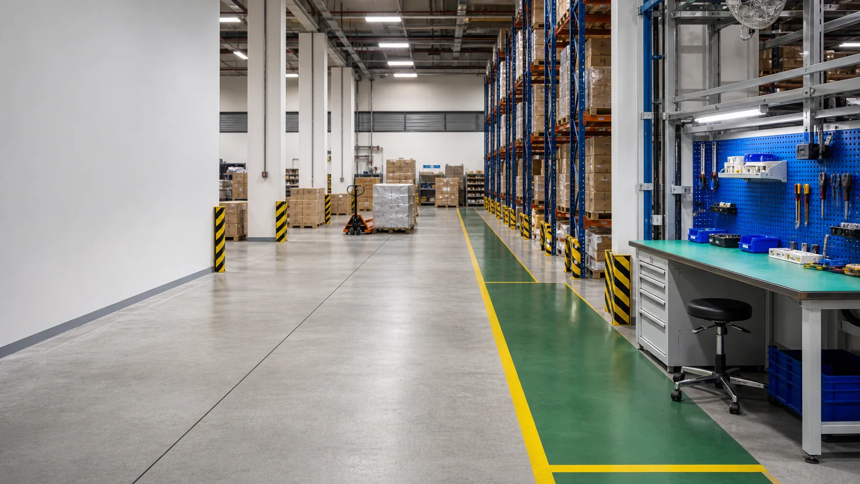 Industrial equipment routes showing storage, movement, protection and workstation areas.