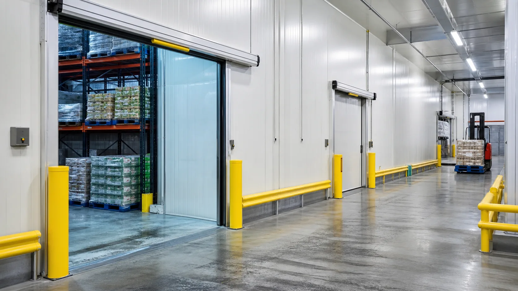 Cold chain logistics corridor with insulated doors, chilled storage and route protection.