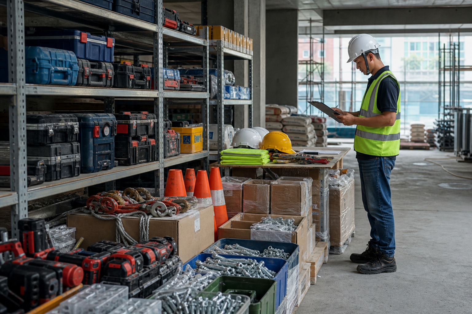 Singapore construction contractor purchaser checking PPE tools fittings and boxed hardware at a project site storeroom