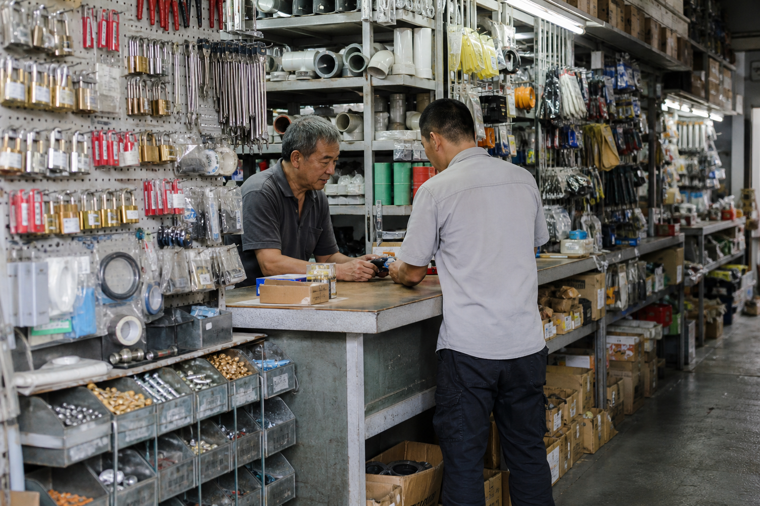 Local Singapore hardware shop trade counter with packed shelves, tools, fittings, fastener bins and boxed supplies