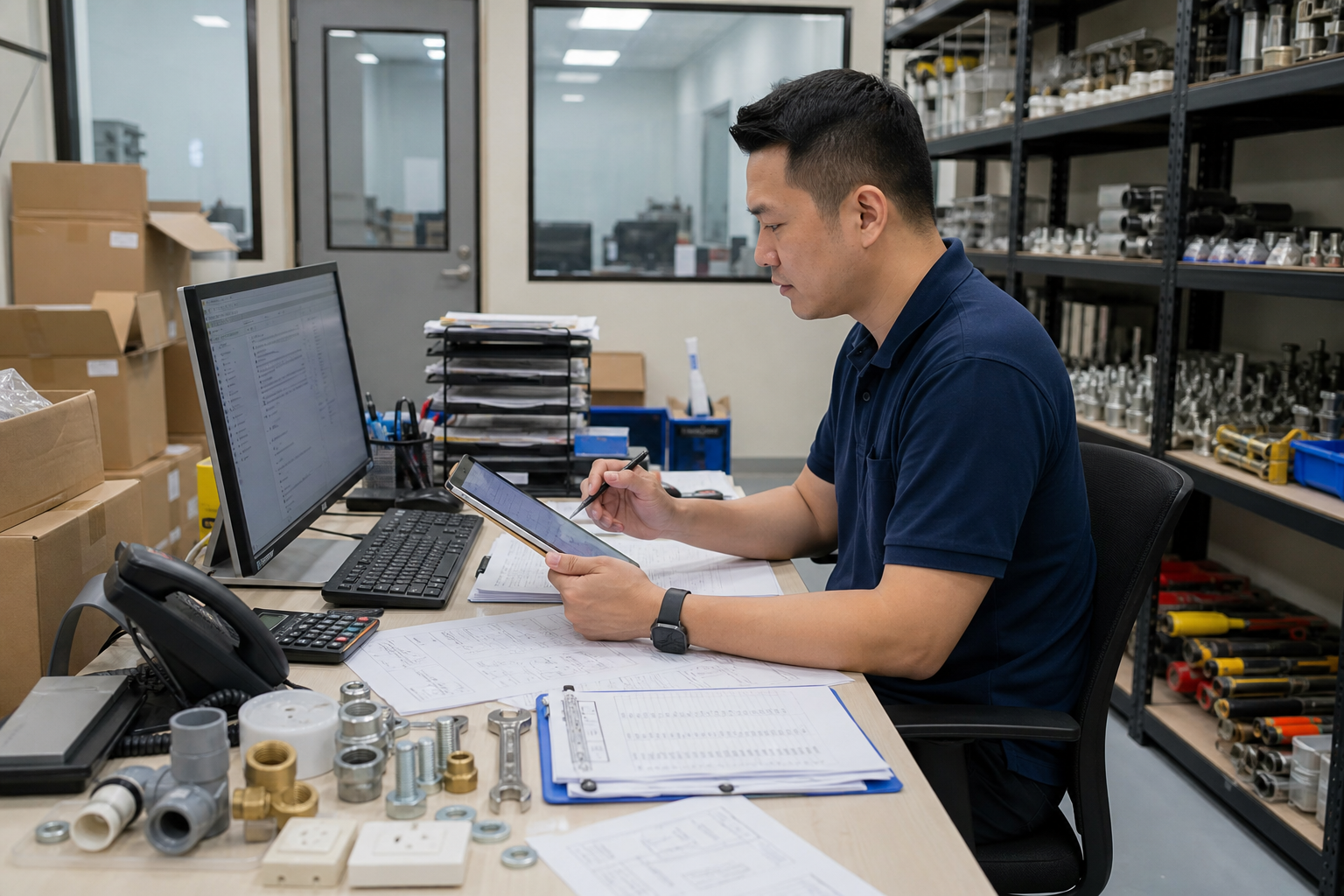 Singapore SME office purchaser planning hardware resale orders with cartons and product samples