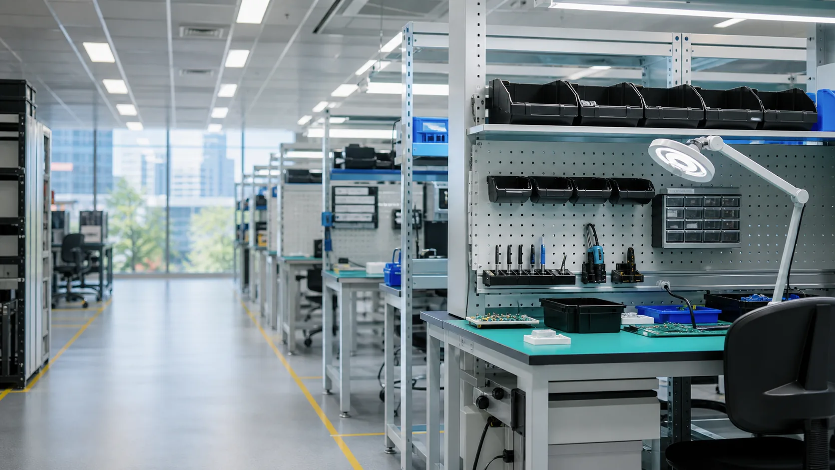 Electronics manufacturing support area with technical workbenches and small parts storage.