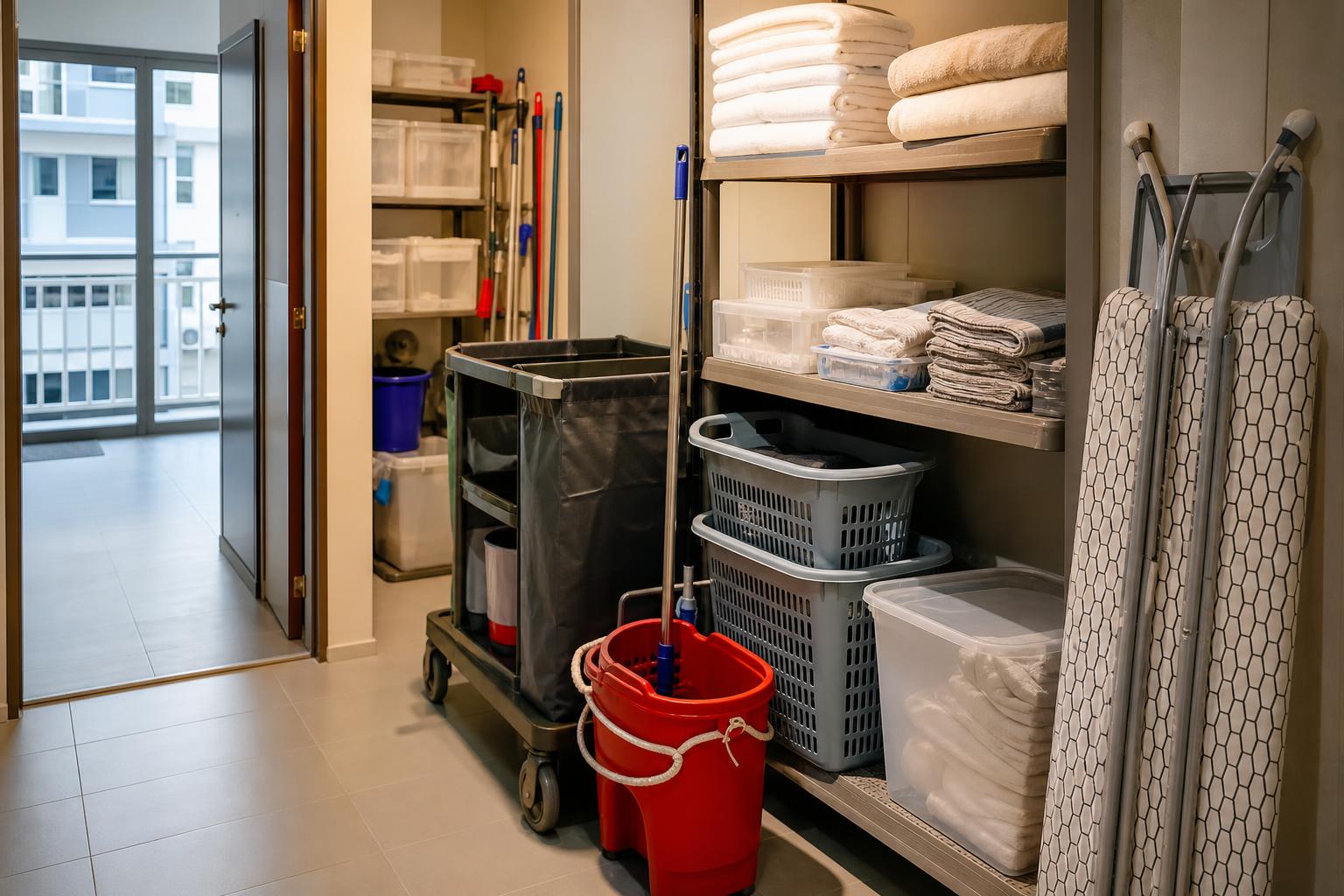 Singapore hospitality housekeeping storeroom with household supplies for hotels hostels and commercial users