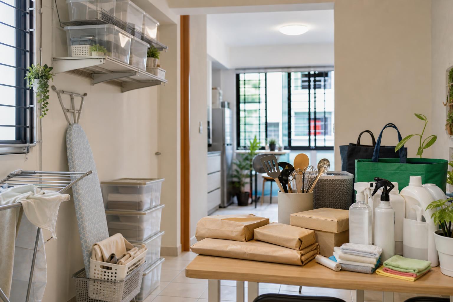 Singapore HDB online consumer fulfilment corner with household products packed for delivery and daily use