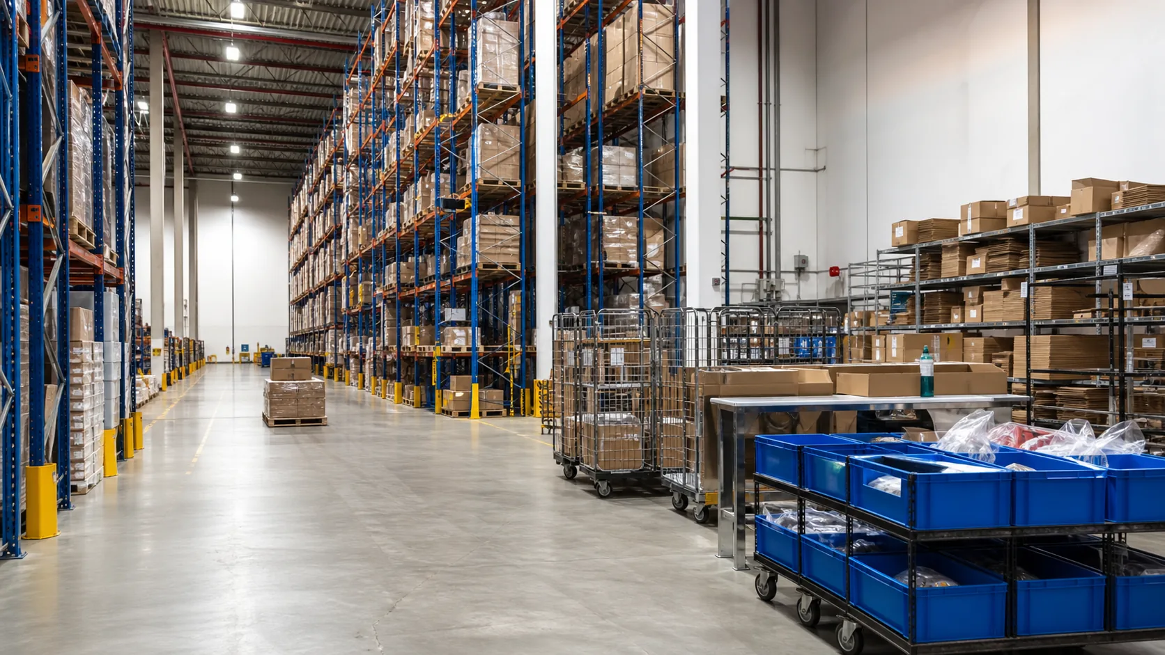 Logistics warehouse with pallet racking, cartons, roll cages and packing workflow.