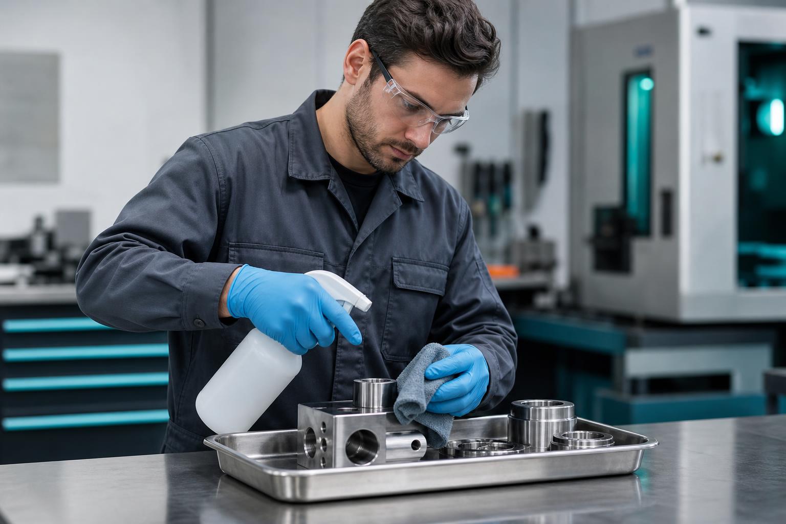 Technician cleaning industrial parts as an application image for cleaners and degreasers