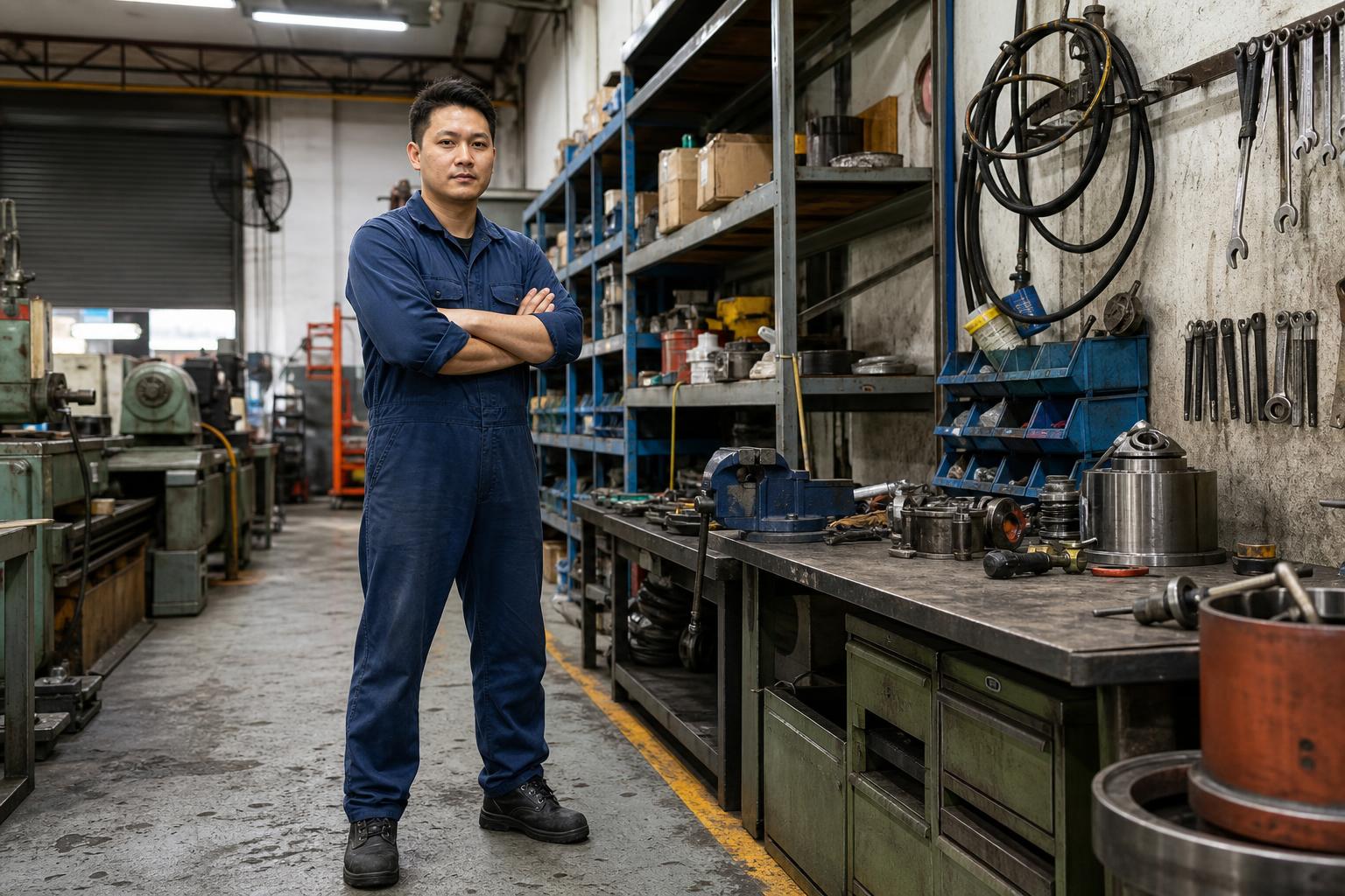 Single Singapore workshop worker in a realistic local facilities and workshop environment