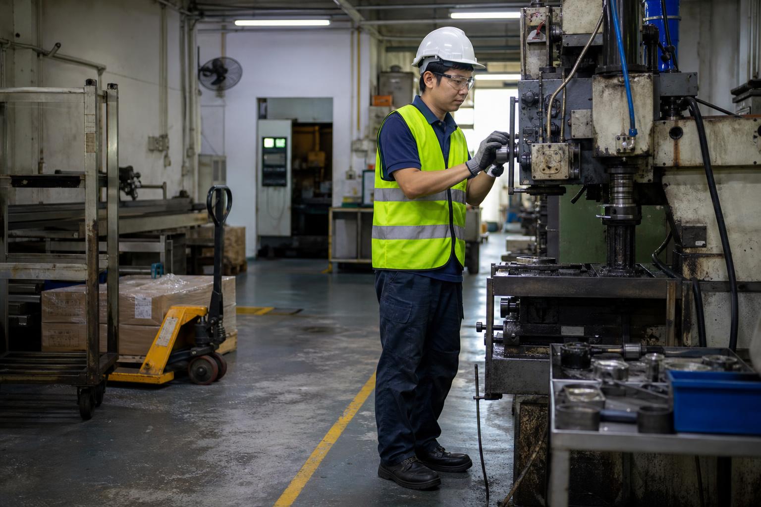 Single Singapore factory worker in a realistic local production environment for MRO chemicals and maintenance support