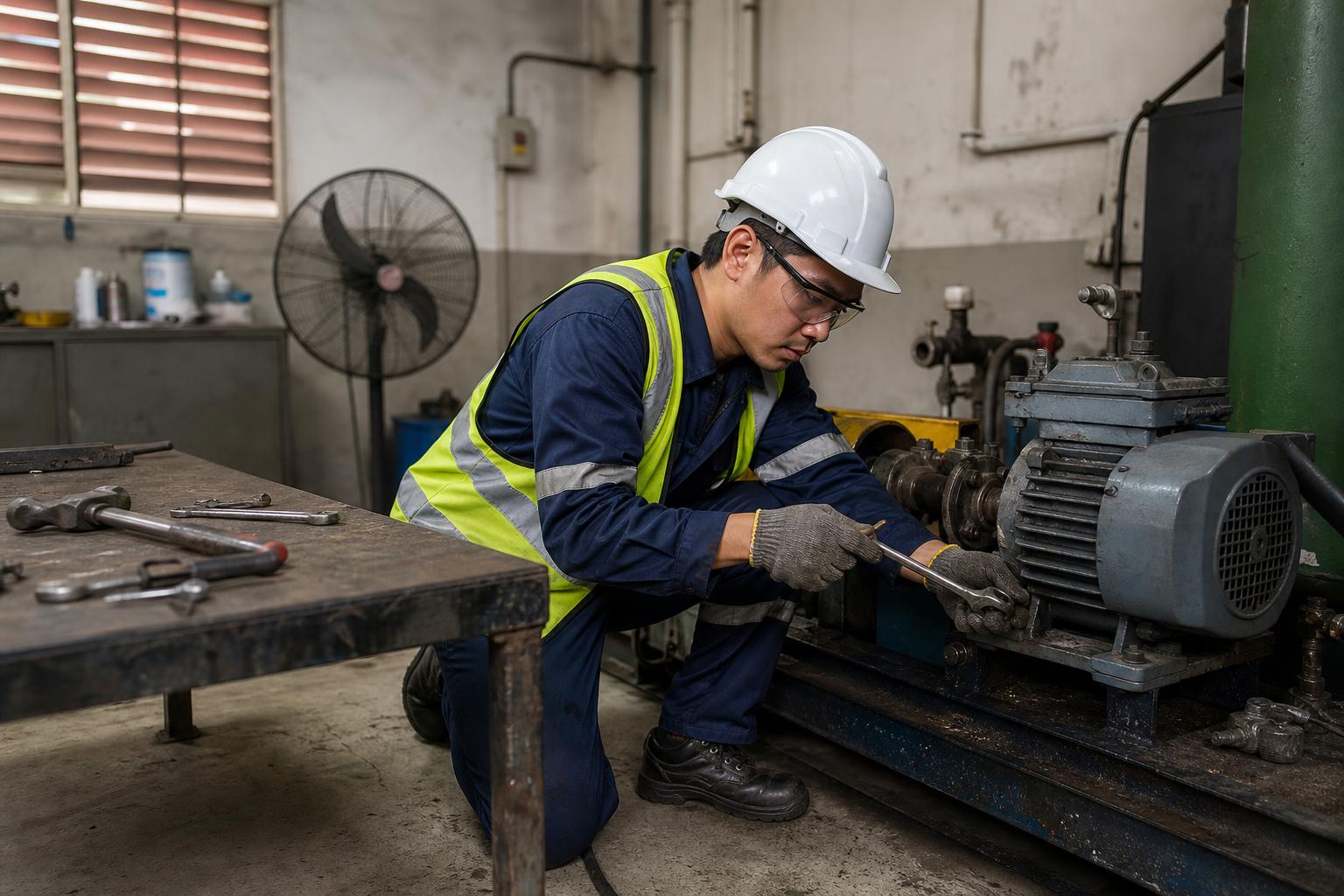 Single Singapore maintenance technician in a realistic local industrial maintenance environment