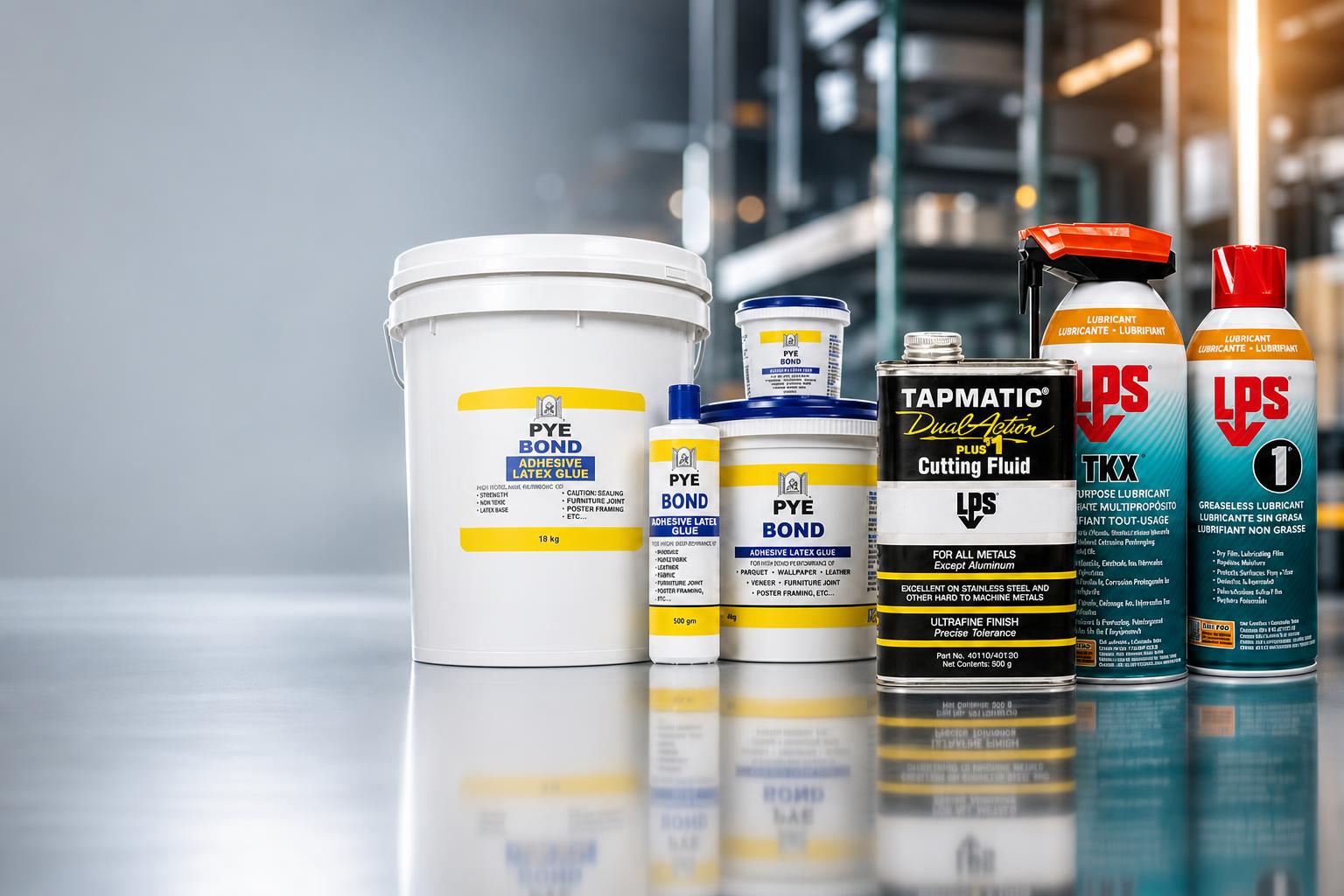 MRO industrial chemical supplies including PYE adhesive latex glue, Tapmatic cutting fluid and LPS lubricants