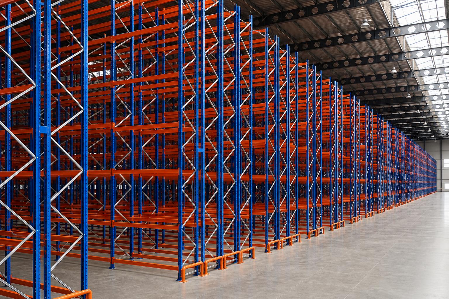 Sharper industrial warehouse storage racking system with blue uprights and orange beams