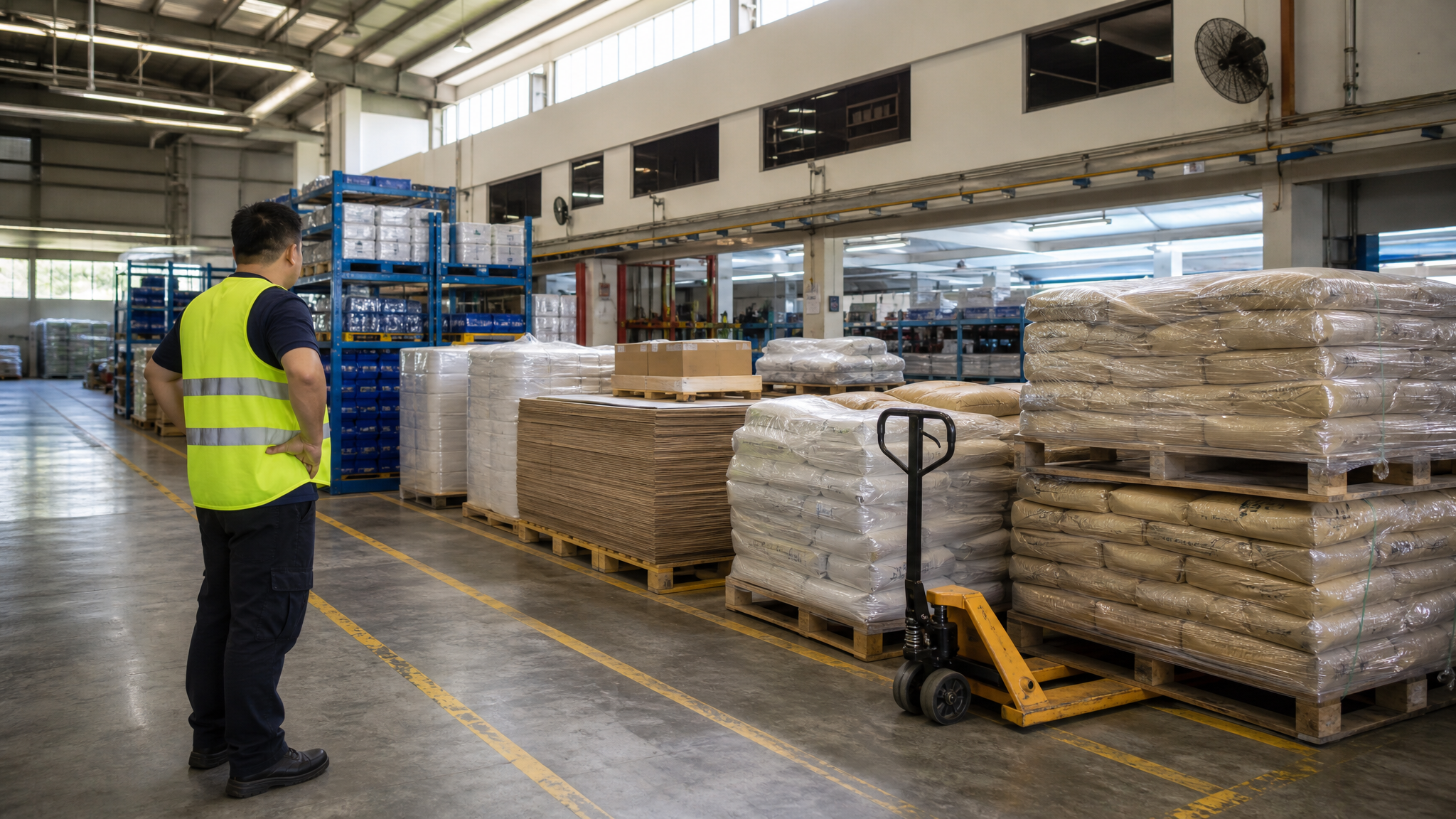Singapore factory production area with material handling equipment and pallet movement