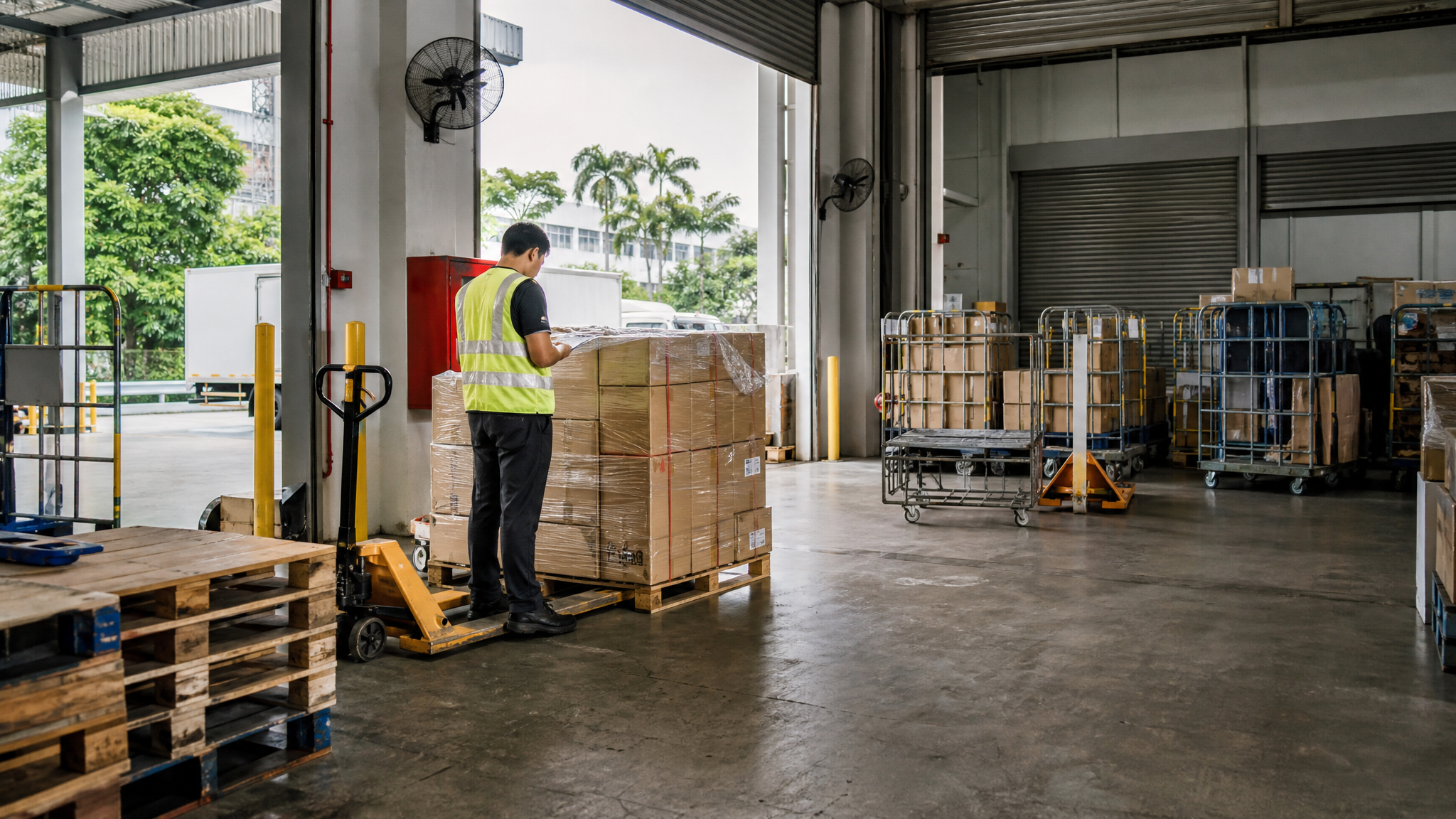 Singapore logistics warehouse team using warehouse equipment in a local loading bay