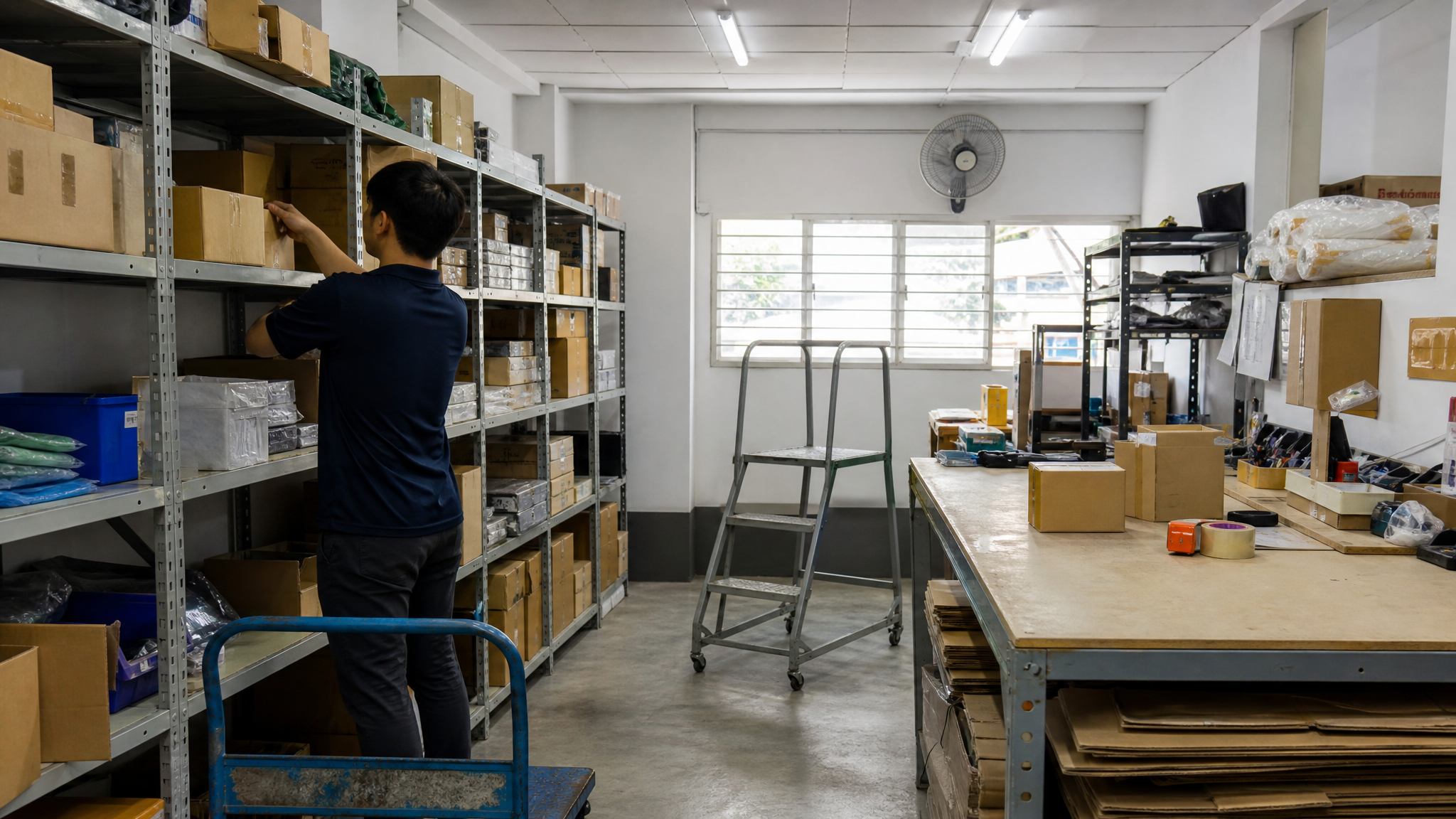 Singapore compact stockroom workshop backroom with trolley shelves and packing bench